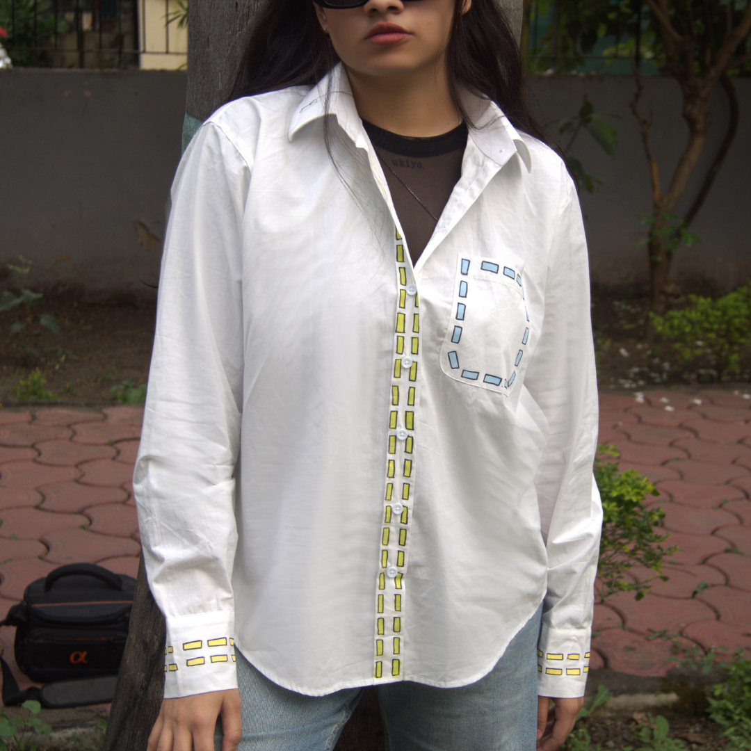 Handpainted Multicolor Detail White Cotton Shirt for Women